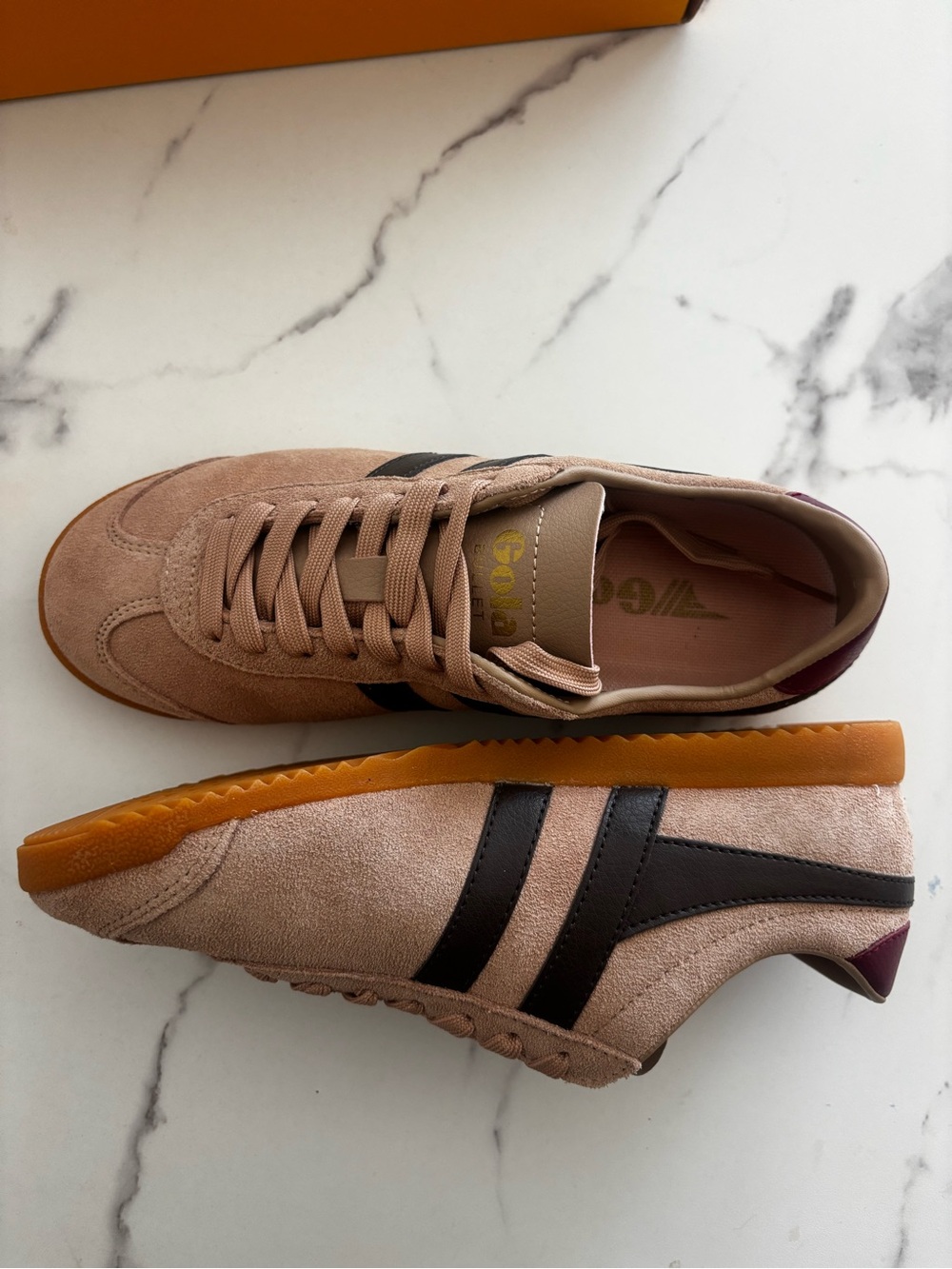 NWT Gola (UK) tan sneakers with black strip and plum heel for a pop of color! - Picture 2 of 6